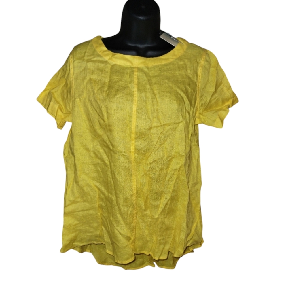 Magaschoni NWT Linen top, round neck, bright yellow, size M, short sleeve